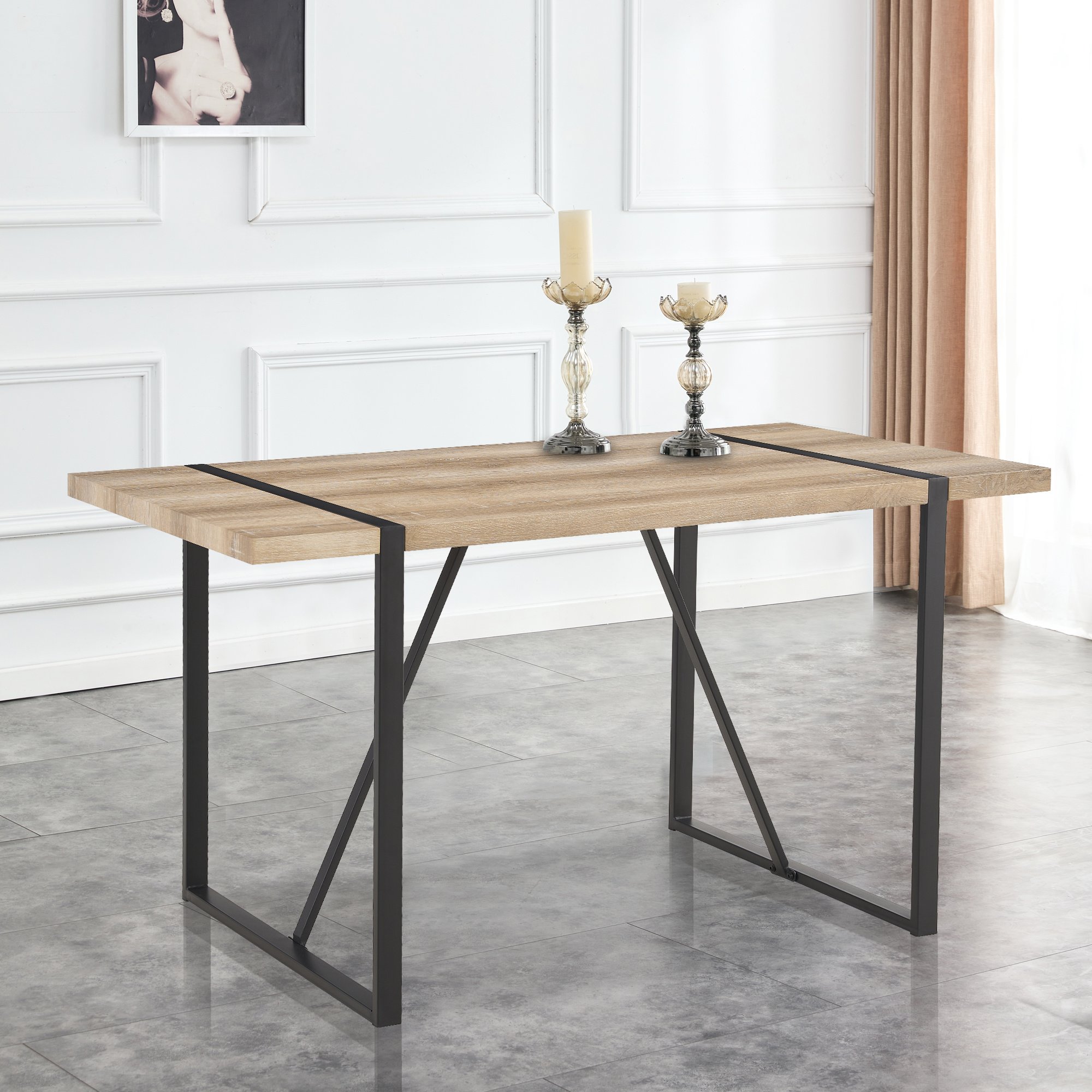 Rustic Industrial Rectangular Wood Dining Table For 4-6 Person; With 1.5" Thick Engineered Wood Tabletop and Black Metal Legs; Writing Desk For Kitche Rustic Industrial Rectangular Wood Dining Table For 4-6 Person; With 1.5" Thick Engineered Wood Tabletop and Black Metal Legs; Writing Desk For Kitche