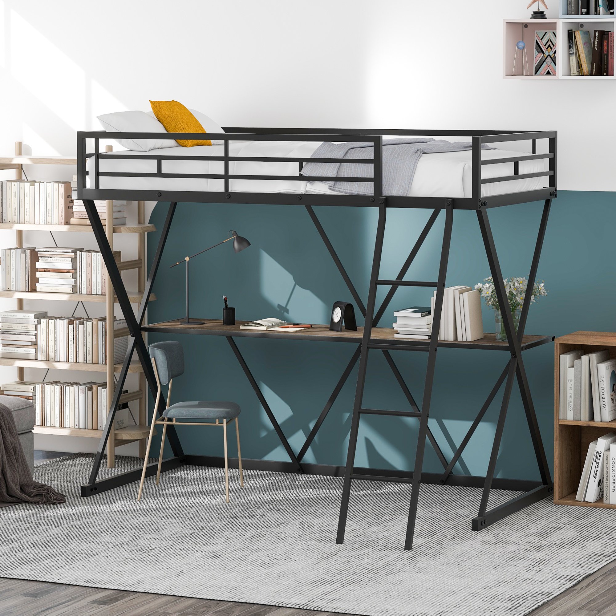 Twin Size Loft Bed with Desk; Ladder and Full-Length Guardrails; X-Shaped Frame; Black(Old SKU:SM000223AAB) Twin Size Loft Bed with Desk; Ladder and Full-Length Guardrails; X-Shaped Frame; Black(Old SKU:SM000223AAB)