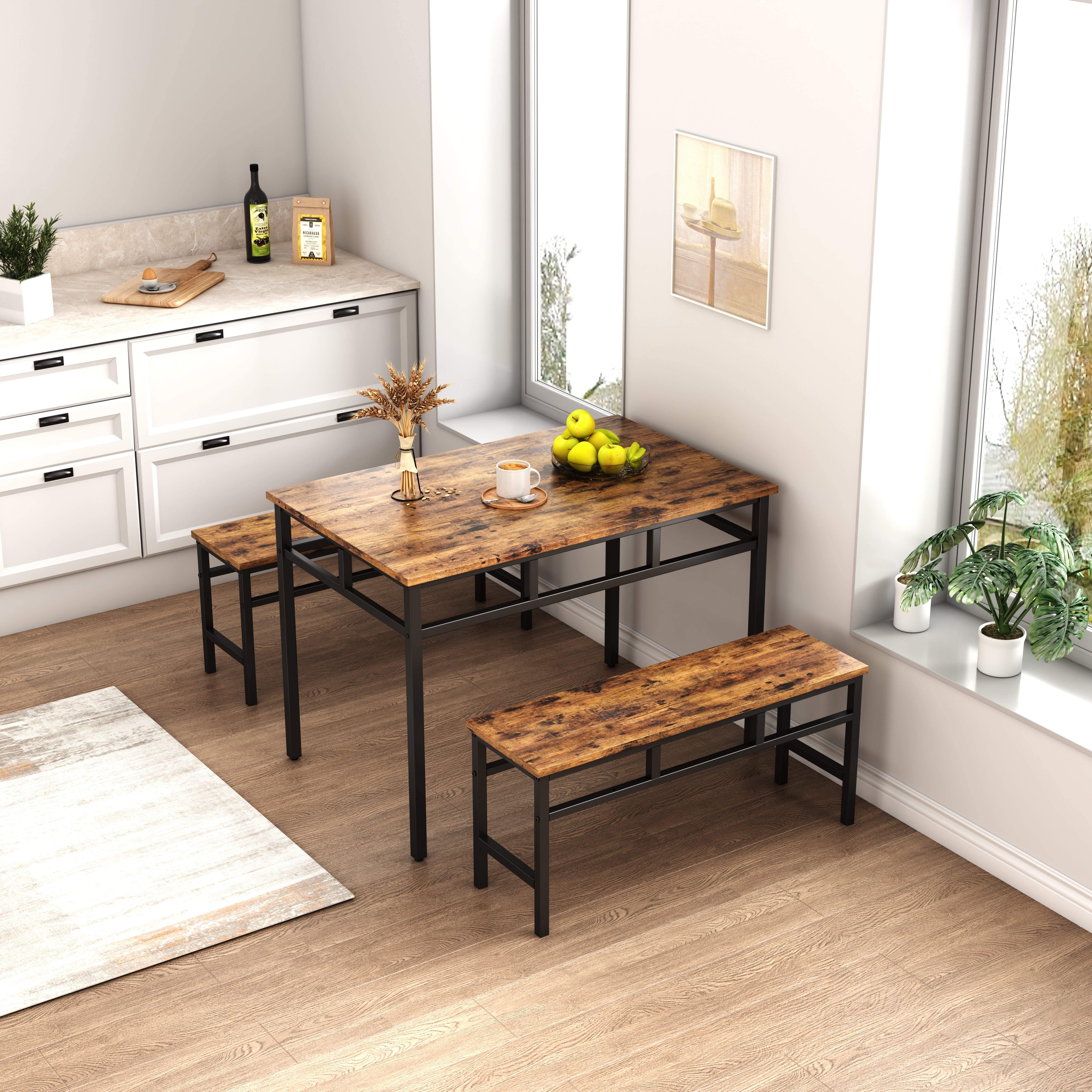 Dining table set 3PC; structural strengthening; industrial style (Rustic Brown; 43.31''L x 27.56''W x 29.53''H) Dining table set 3PC; structural strengthening; industrial style (Rustic Brown; 43.31''L x 27.56''W x 29.53''H)