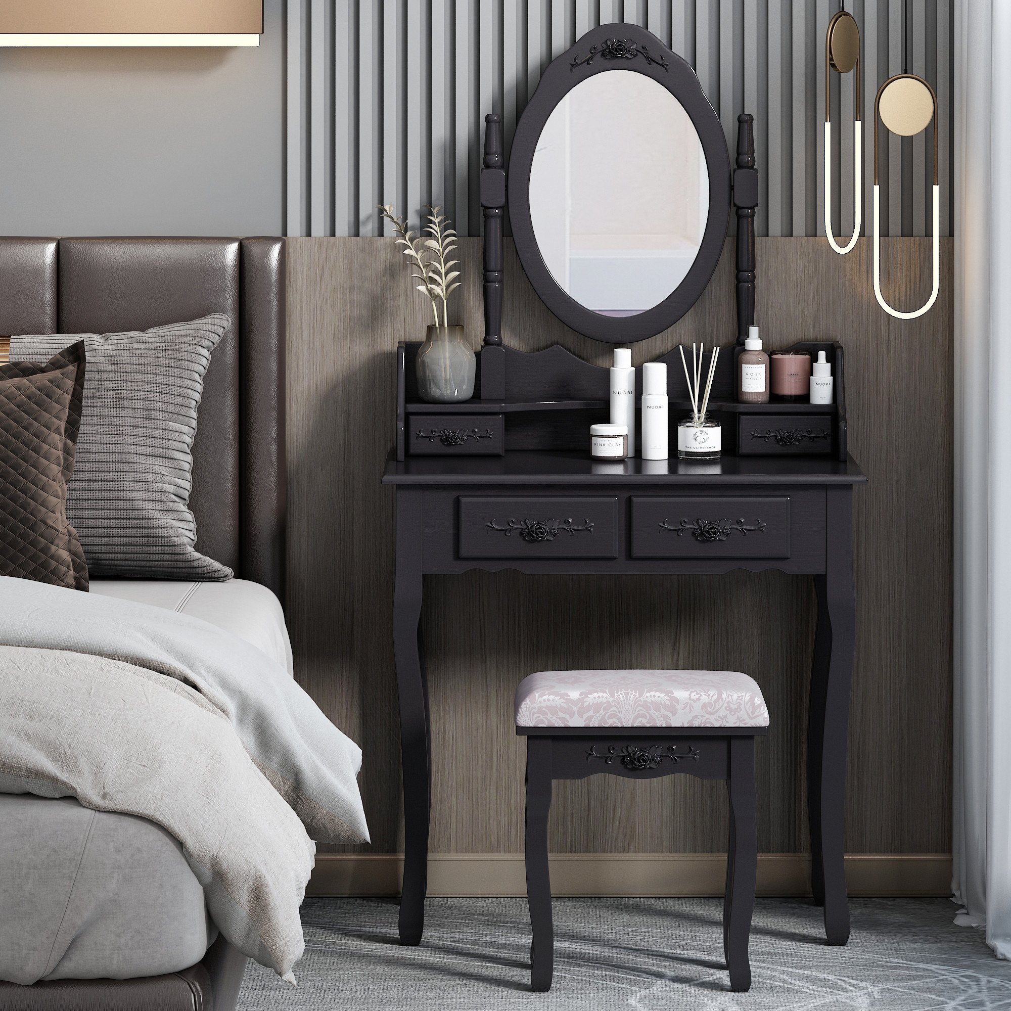 Vanity Table and Chair Set; Makeup Dressing Table with 360-degree-rotating Mirror and 4 Drawers; Thick Padded Stool - Black Vanity Table and Chair Set; Makeup Dressing Table with 360-degree-rotating Mirror and 4 Drawers; Thick Padded Stool - Black