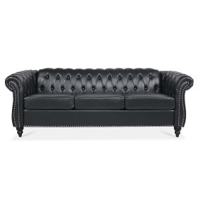 84.65" Rolled Arm Chesterfield 3 Seater Sofa. (Color: Black)