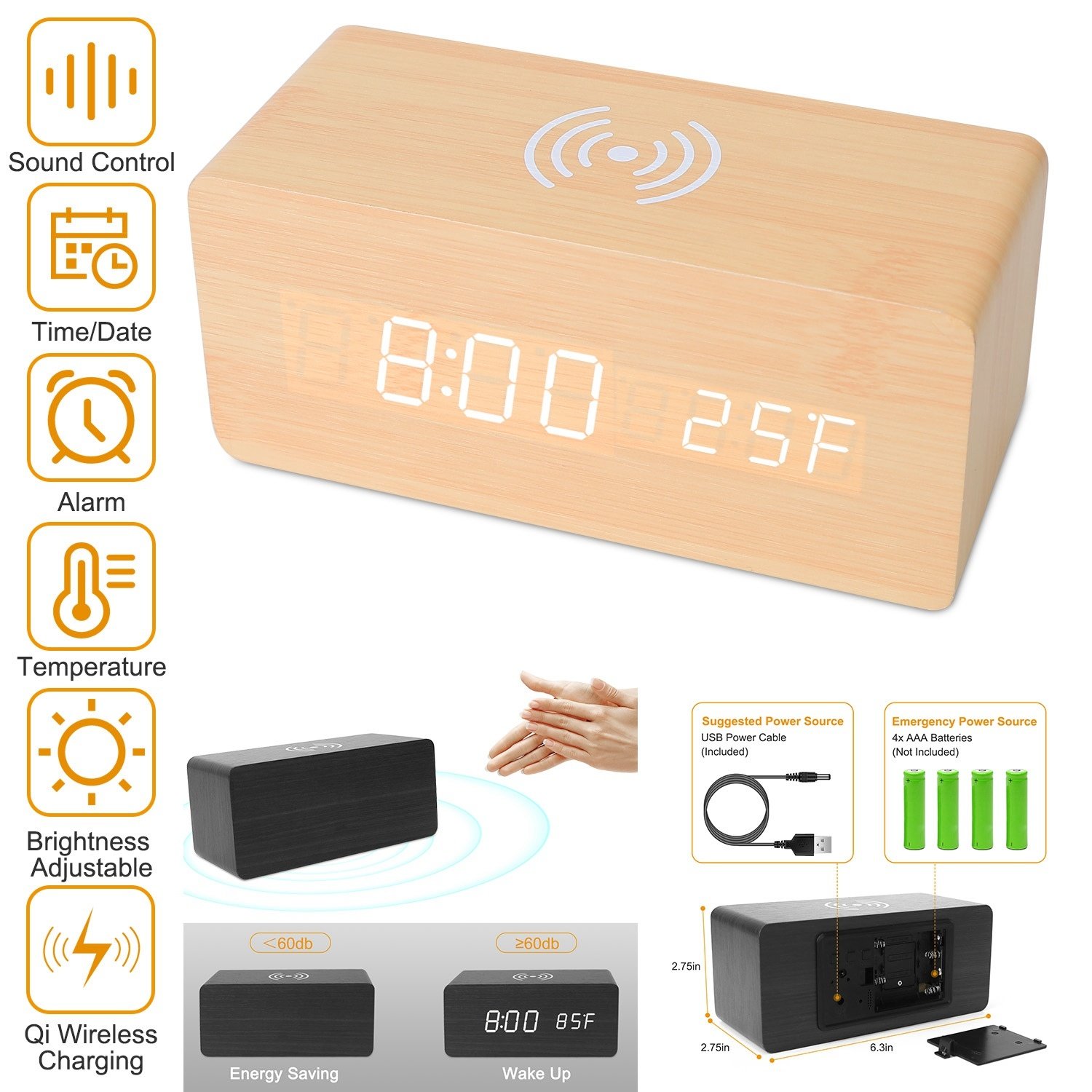 Digital Alarm Clock Qi-Wireless Charger Time Temperature Calendar Display Clock w/ Voice Control Brightness Adjustment Digital Alarm Clock Qi-Wireless Charger Time Temperature Calendar Display Clock w/ Voice Control Brightness Adjustment